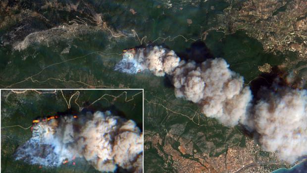 Požáry v Řecku, jak je zachytily satelitní snímky.