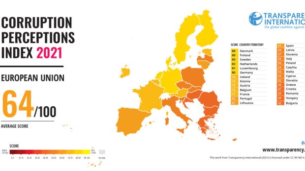 Infografika - index vnímání korupce Transparency International za rok 2021