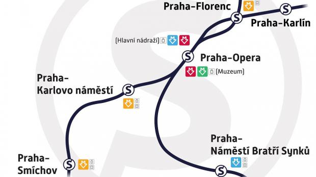 Plánek podzemní železnice v Praze.