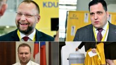 O post předsedy KDU-ČSL se na pražském sjezdu budou ucházet předseda lidoveckého sněmovního klubu Jan Bartošek (vlevo nahoře), europoslanec Tomáš Zdechovský (vpravo nahoře) a exministr zemědělství Marian Jurečka (vlevo dole)