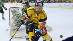 Hokejista Michal Trávníček (ve žlutém) v dresu Litvínova