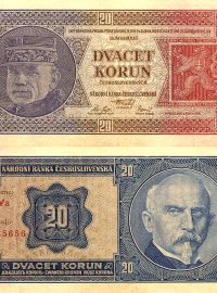 Dvacetikoruna z roku 1926 podle návrhu prof. Aloise Mudruňky. Bankovka byla v platnosti v letech 1927-1945