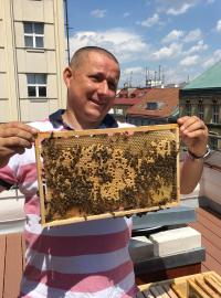 Včelař Augustin Uváčik na střeše Státní veterinární správy