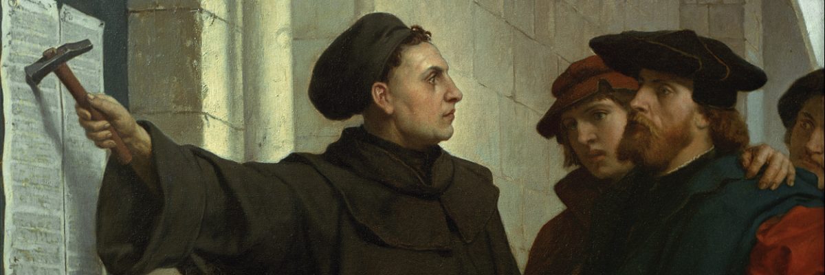 Martin Luther přibíjí svůj text 95 tezí na dveře wittenbergského kostela: legenda o počátku křesťanské reformace znázorněná na obrazu Ferdinanda Pauwelse (1830–1904).