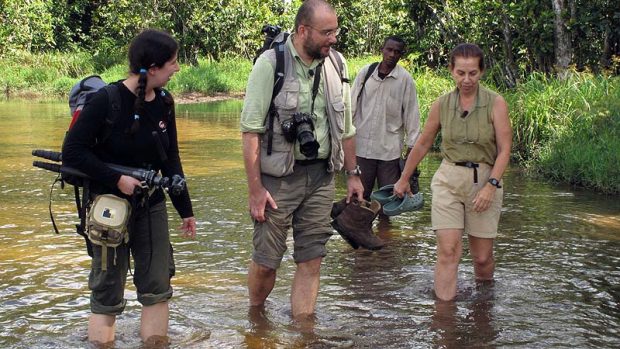 Petra Hanzelkova, Miroslav Bobek, and Andrea Turkalo on their way to watch elephants in Dzanga Sangha.