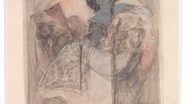 Alfons Mucha: Sedící žena - studie k plakátu, 1897