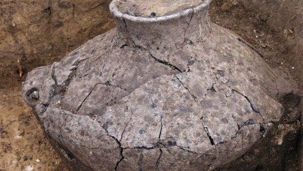 Archeologické nálezy z Terronské ulice: detail nádoby, milodar