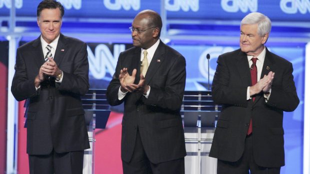 Hlavní diskutéři mezi republikánskými kandidáty na prezidenta USA – zleva Mitt Romney, Herman Cain a Newt Gingrich