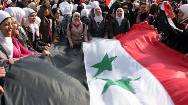 Demonstrace na podporu vládního režimu v centru Damašku