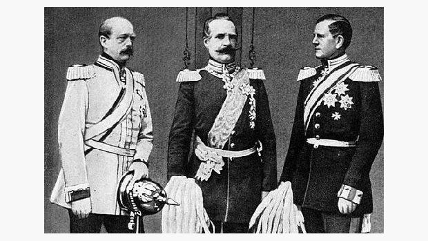 Bismarck (vlevo), Roon (uprostřed) a Moltke (vpravo) - tři lídři Pruska v roce 1860