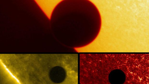 Kompozitní snímek přechodu Venuše přes sluneční disk z družice SOHO v roce 2004
