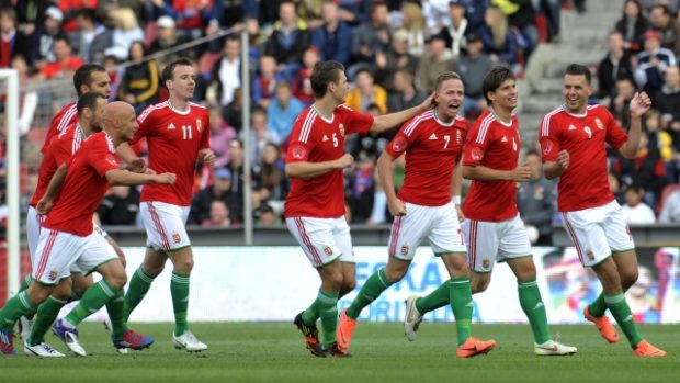 Přípravné fotbalové utkání Česko - Maďarsko 1. června v Praze. Hráči Maďarska se radují z gólu