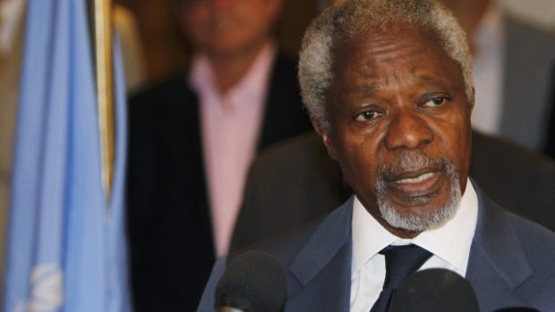 Zvláštní zmocněnec OSN pro Sýrii Kofi Annan hovoří s novináři v Damašku po schůzce  s prezidentem Asadem