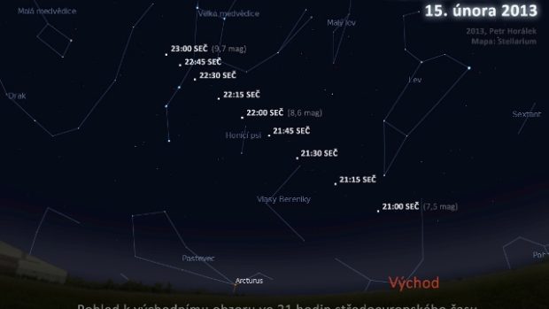 Mapa, kudy asteroid letěl