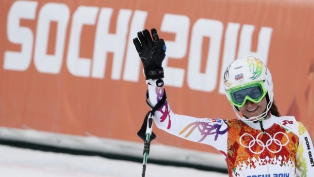 Šárka Strachová po dojezdu superkombinačního slalomu v Soči