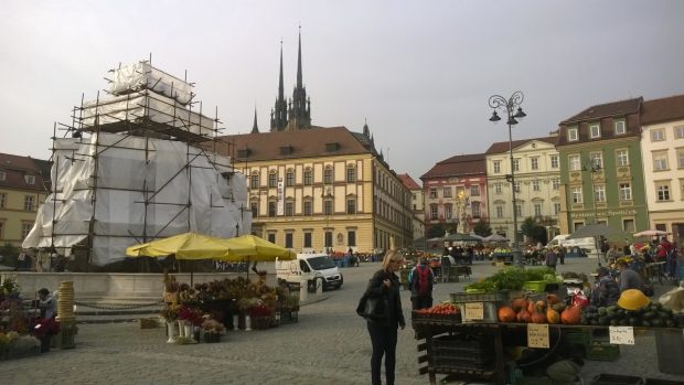 Celkový pohled na kašnu Parnas na Zelném trhu v Brně, v pozadí Katedrála sv. Petra a Pavla