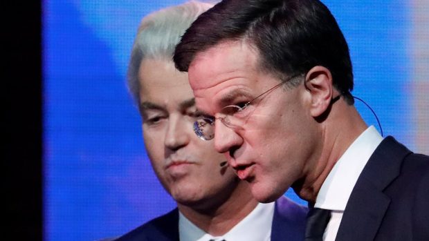 Političtí lídři Geert Wilders (PVV) a Mark Rutte (VVD)