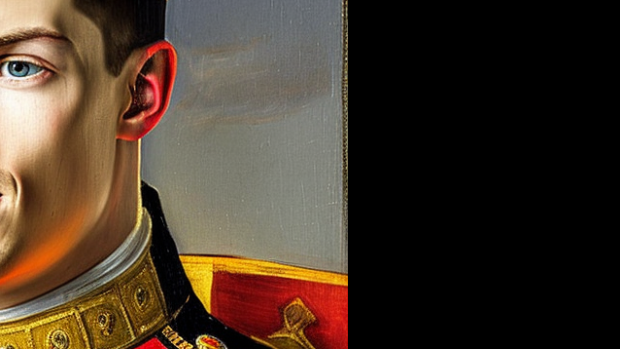 Max Verstappen. Fiktivní portrét vytvořený neuronovou sítí Stable Diffusion na základě zadání „portrait of Max Verstappen as a king with a crown, proud and self confident, Dutch Golden Age painting“