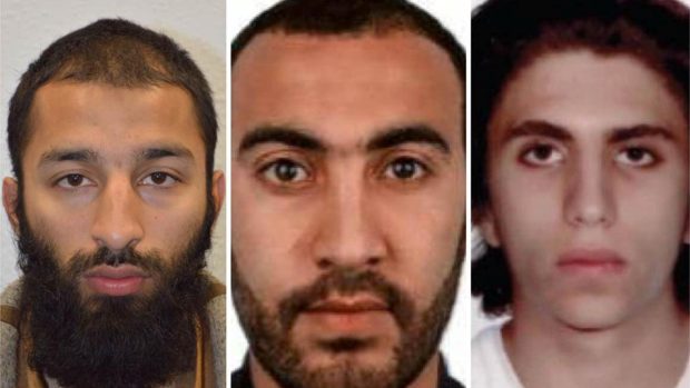 Tři teroristé, který útočili v Londýně - zleva Khuram Shazad Butt, Rašíd Radván a Youssef Zaghba
