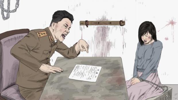 Žena vyslýchaná vyšetřovatelem tajné policie. Zadržené vypověděly, že policisté mohou ženy během výslechu snadno zneužívat. Zprávu HRW doprovázejí ilustrace umělce Choi Seong Guka a jsou inspirovány zkušenostmi obětí.