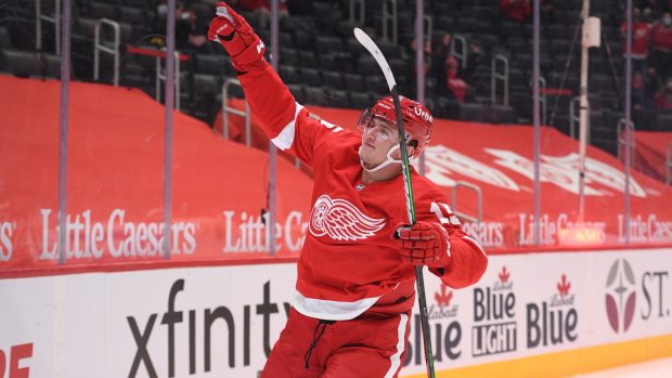 Český hokejista Detroitu Jakub Vrána se raduje ze vstřelené branky