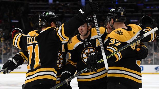 Hokejisté Bostonu Bruins slaví gól Davida Pastrňáka