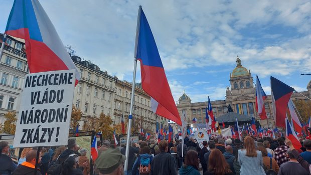 Mnoho lidí má na protivládní demonstraci české vlajky, drží transparenty proti vládě, válce i Evropské unii