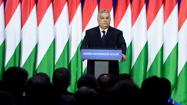 Maďarský premiér Viktor Orbán při výročním projevu o stavu země v Budapešti, 17. února 2024