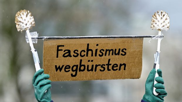 Žena s nápisem "smažme nacismus" protestuje proti německé pravicové straně Alternativa pro Německo