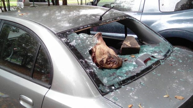 Vymlácené okno auta moskevského zastupitele Vitalije Treťuchina