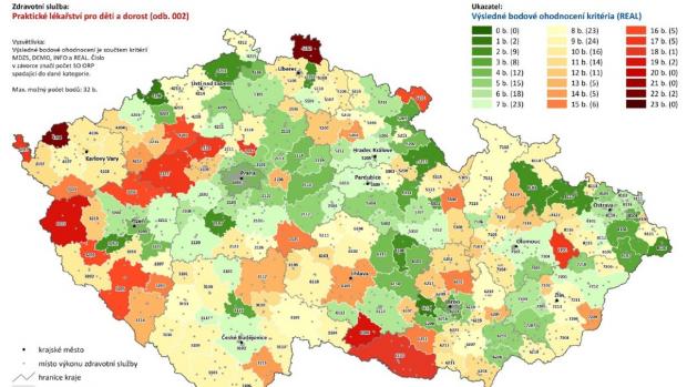 Dostupnost všeobecného praktického lékařství pro děti a dorost v Česku, mapa Všeobecné zdravotní pojišťovny