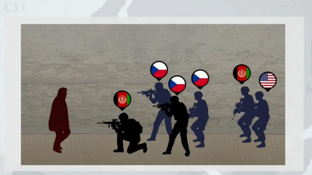 Grafika ukazující situaci v afghánském městě Čárikár těsně před výbuchem, který zabil tři české vojáky.