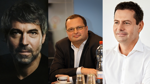 Nejbohatší Češi podle magazínu Forbes: Petr Kellner (vlevo), Radovan Vítek (uprostřed) a Karel Komárek (vpravo)