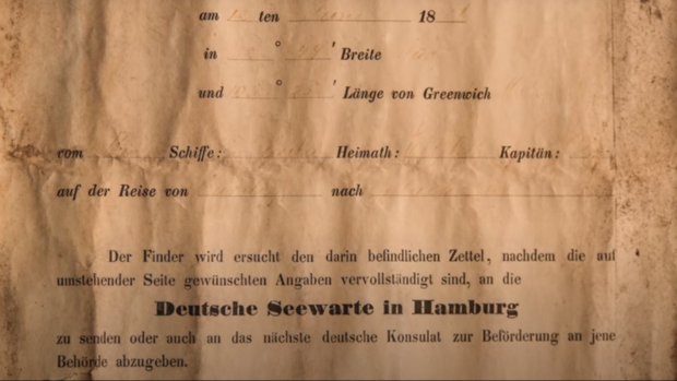 Na starém papíru je zápis německých námořníků z června 1886.