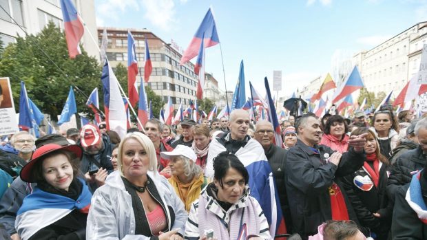 Účastníci si s sebou přinesli národní vlajky a transparenty proti vládě