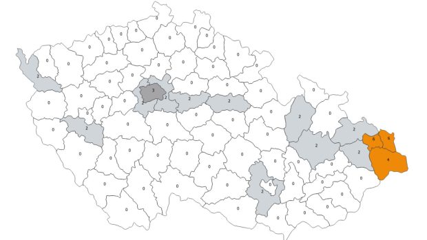 Mapa stavu rizikového skóre v českých regionech k 29. červnu 2020