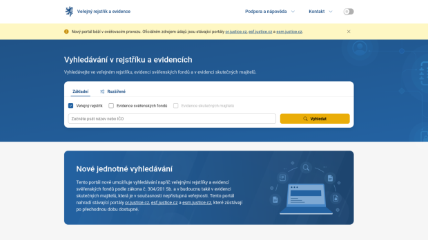 Náhled testovací verze veřejných rejstříku ministerstva spravedlnosti