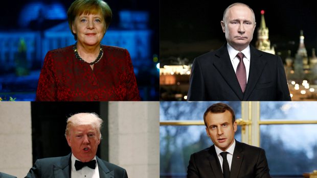 Angela Merkelová, Vladimir Putin, Donald Trump a Emmanuel Macron