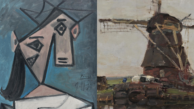 Nalezené obrazy od Pabla Picassa (Hlavan ženy) a Pieta Mondriana (Mlýn)