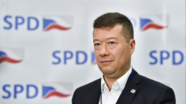 Předseda hnutí Svoboda a přímá demokracie (SPD) Tomio Okamura na tiskové konferenci po celostátní konferenci hnutí.