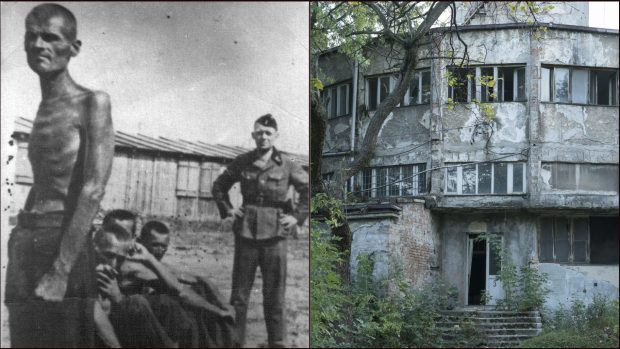 Koncentrační a vyhlazovací tábor Sajmište tehdy a nyní: vlevo vyhublí vězni v květnu 1942, vpravo zchátralá ústřední budova v červenci 2017.