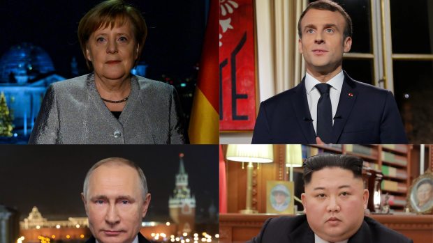 Angela Merkelová, Emmanuel Macron, Vladimir Putin a Kim Čong-un během svých novoročních projevů