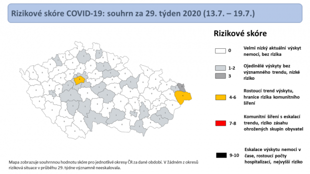Mapa rizikového skóre v českých regionech k 19. červenci