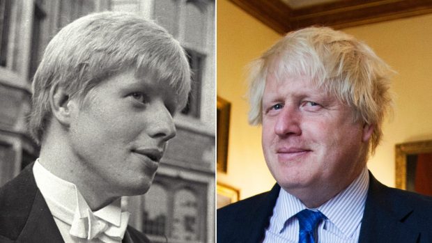 Boris Johnson na snímku z roku 1986, kdy byl prezidentem prestižního diskuzního klubu Oxfordská unie (vlevo) a na fotce z návštěvy České republiky ještě jako ministr zahraničí.