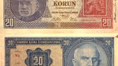 Dvacetikoruna z roku 1926 podle návrhu prof. Aloise Mudruňky. Bankovka byla v platnosti v letech 1927-1945