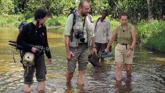Petra Hanzelkova, Miroslav Bobek, and Andrea Turkalo on their way to watch elephants in Dzanga Sangha.