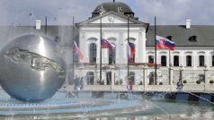 Vlajky před Prezidentským palácem v Bratislavě jsou spuštěné na půl žerdi