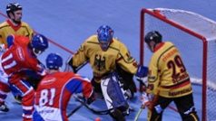 Čeští hokejbalisté v utkání MS proti Německu
