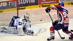 Finále play off hokejové extraligy, 2. zápas HC ČSOB Pojišťovna Pardubice - HC Kometa Brno 10. dubna v Pardubicích. Brněnský brankář Jiří Trvaj (vlevo) a pardubický Radovan Somík