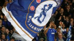 Didier Drogba of Chelsea celebrates scoring against Barcelona  during their Champions League semi-final first leg soccer match at Stamford Bridge  in London